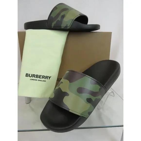 BURBERRY FURLEY GREEN RUBBER CAMOUFLAGE LETTERING LOGO SANDAL SLIDES 44 US 11